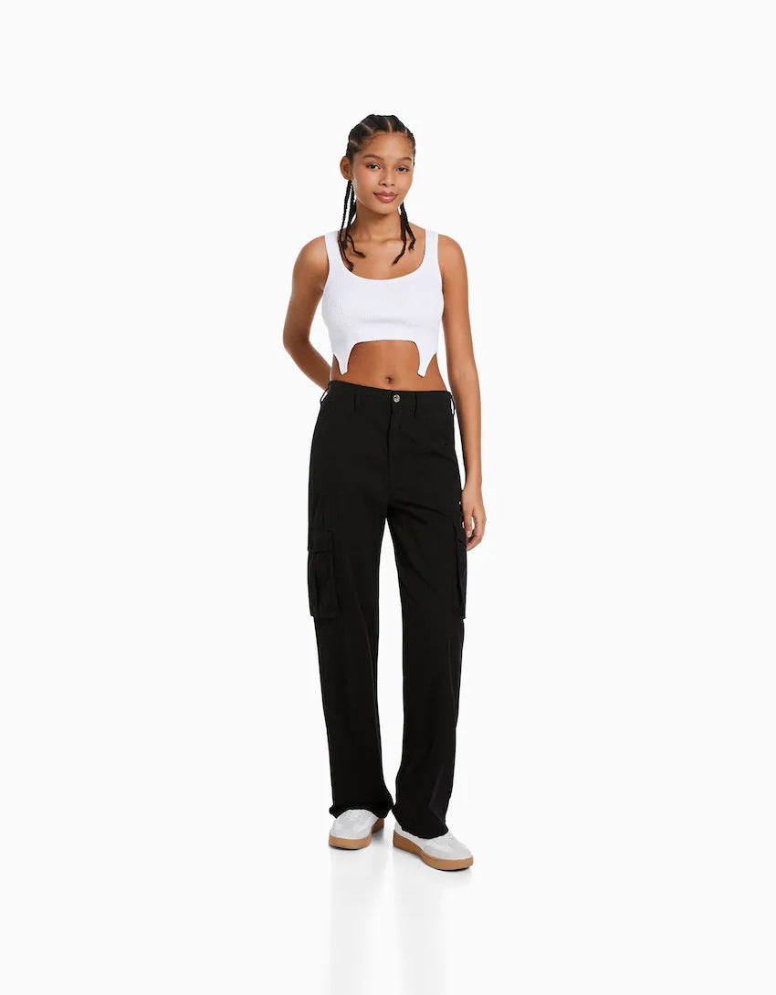 Damen nan weite High-Waist Cargo-Hose mit aufgesetzten Pattentaschen und geradem Bein Echo Archiv