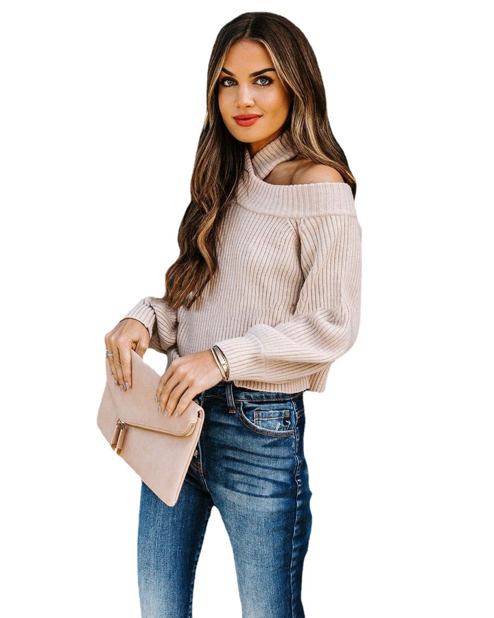 Damen Gerippter Cropped-Strickpullover mit Stehkragen und Schultercutout Echoarchiv