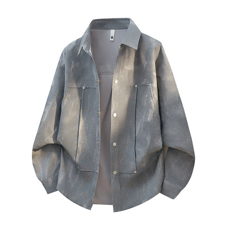 Herren Übergröße Canvas Shirtjacke mit Acid-Wash-Look, Druckknopfverschluss und aufgesetzten Fronttaschen – Taviero