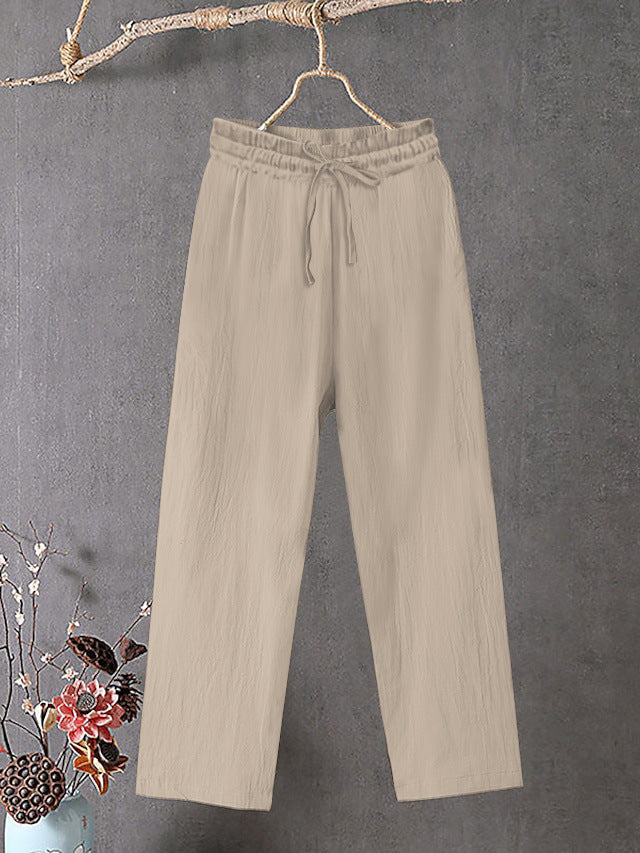 Damen Crinkle Leinenmischung Hose mit elastischem Kordelzug, gerade Beinform und lässiger Passform – Avélisse