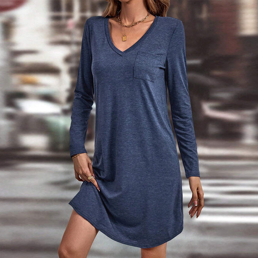Damen lässiges Jersey-Kleid mit V-Ausschnitt Brusttasche und legerer A-Linie – Lunéa