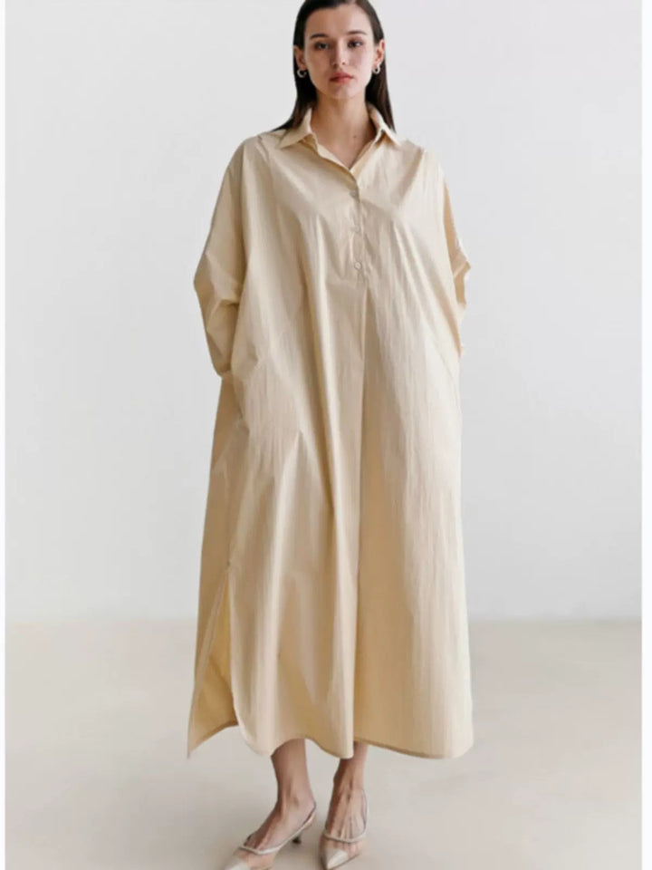 Damen Fließendes Oversize‑Hemdkleid mit Kentkragen, Kimonoärmeln und Seitenschlitzen – Valéora