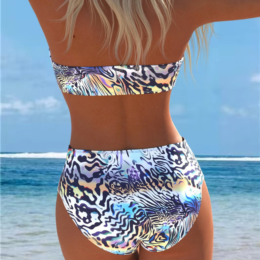 Damen Bandeau-Bikini-Set mit hohem Schnitt und dynamischem Wellenmuster Echo Archiv