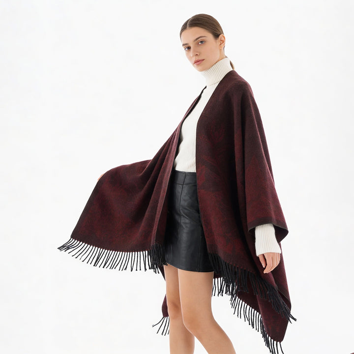 Damen V‑Ausschnitt Cape‑Poncho mit floralem Jacquard und Fransensaum Echo Archiv