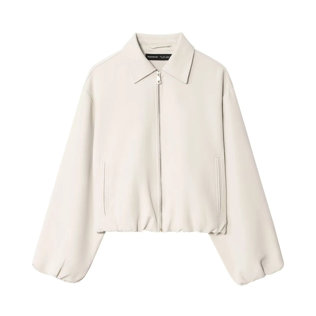 Damen cropped Blousonjacke mit Hemdkragen, verdecktem Metallreißverschluss und elastischem Saum – Célinea
