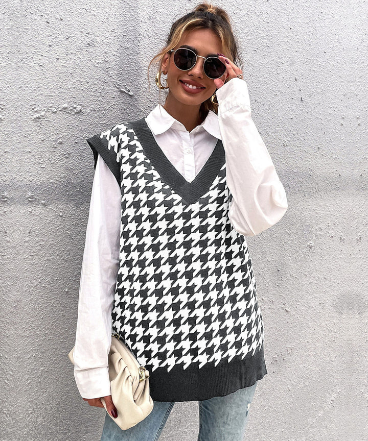 Damen Oversize Strickweste mit Hahnentrittmuster und V-Ausschnitt Echoarchiv