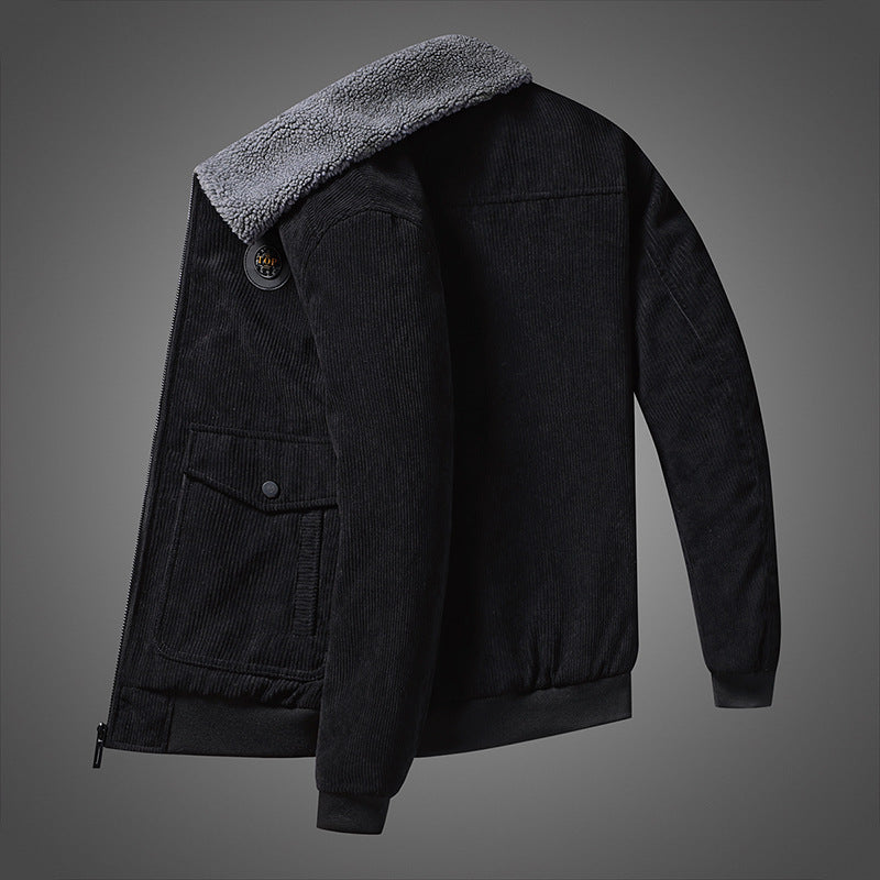 Herren Cord-Blouson mit durchgehendem Sherpa-Futter, Umlegekragen und Pattentaschen – Taviero
