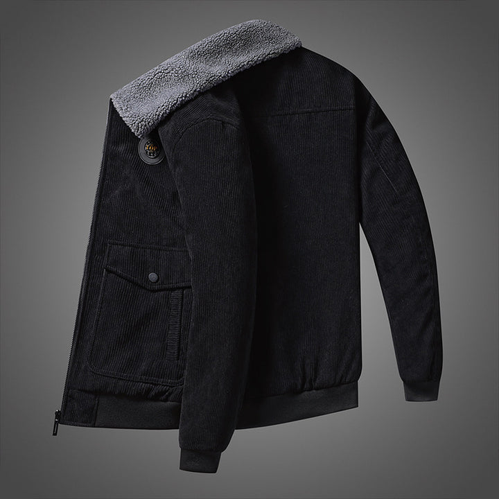 Herren Cord-Blouson mit durchgehendem Sherpa-Futter, Umlegekragen und Pattentaschen – Taviero