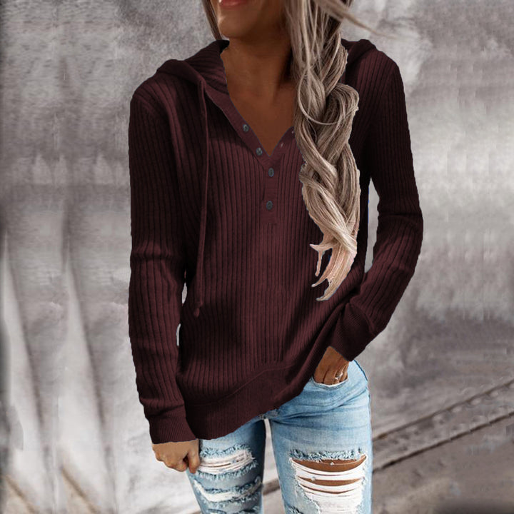 Damen Lässiger gerippter Hoodie-Pullover mit Henley-Knopfleiste und Tunnelzug Echoarchiv
