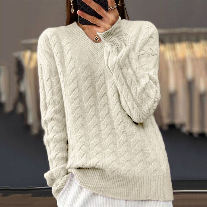 Damen nan weich fallender Zopfmuster-Pullover mit V-Ausschnitt, Oversize-Schnitt und geripptem Saum Echo Archiv