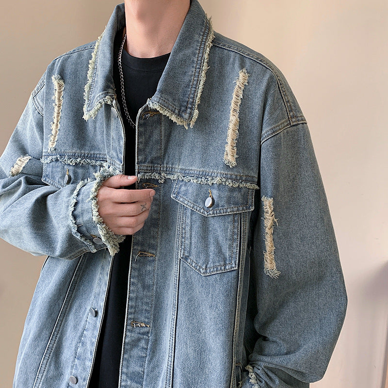 Herren Oversize Jeansjacke mit Used‑Look, ausgefransten Kanten und Druckknöpfen Echo Archiv