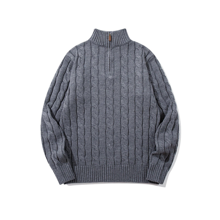 Unisex Zopfmuster-Halbzip-Pullover mit hohem Rippkragen und Oversize-Schnitt Echoarchiv
