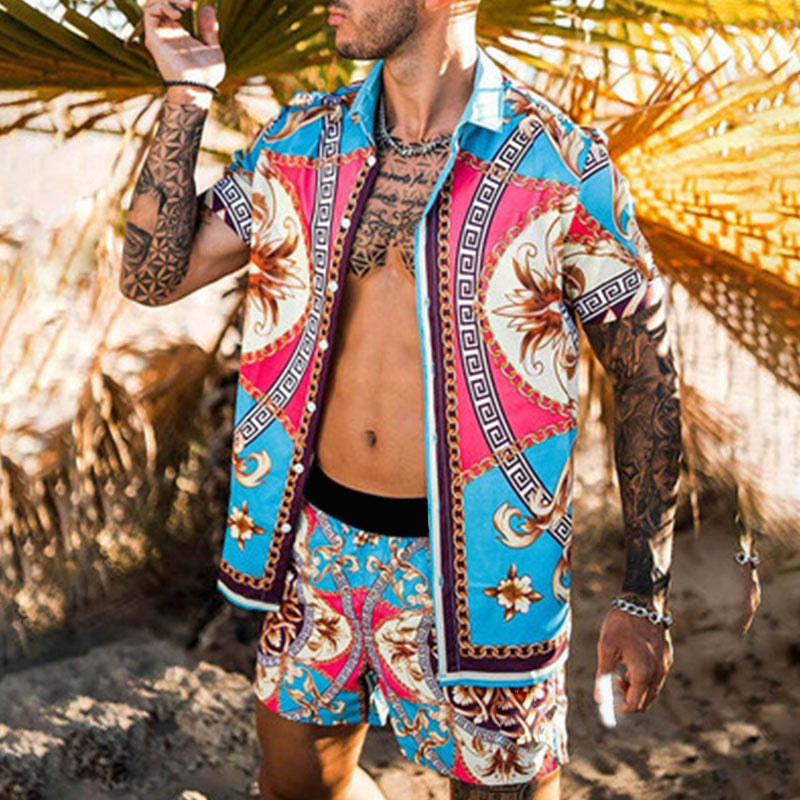 Herren nan barockgemustertes Kurzarm-Hemd mit passender locker geschnittener Shorts Echo Archiv