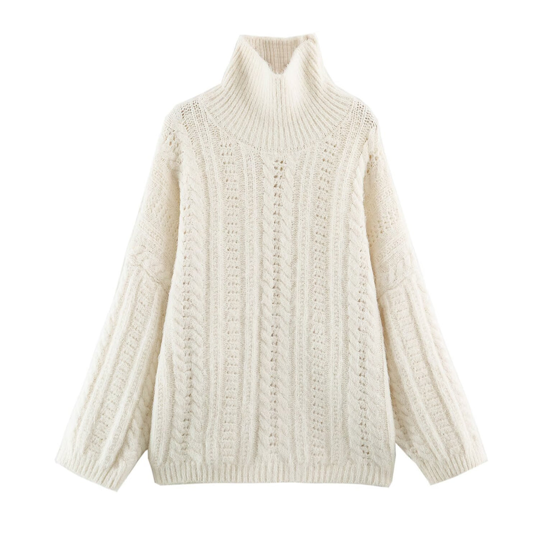 Damen Grobgestrickter Oversize-Pullover mit hohem Rollkragen und Zopfmuster Echoarchiv