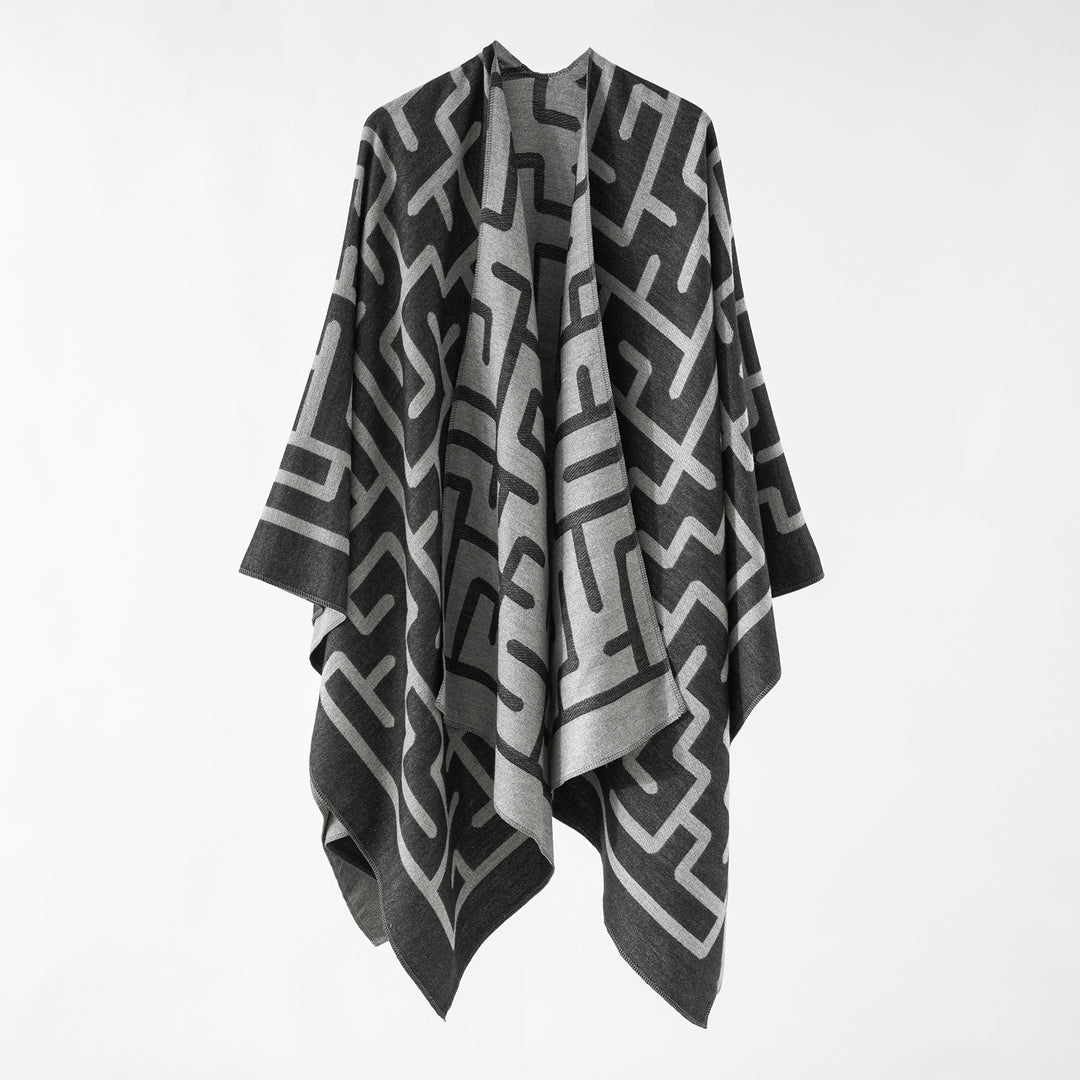 Damen Oversize-Doubleface-Überwurf mit geometrischem Jacquard und offener Front Echo Archiv