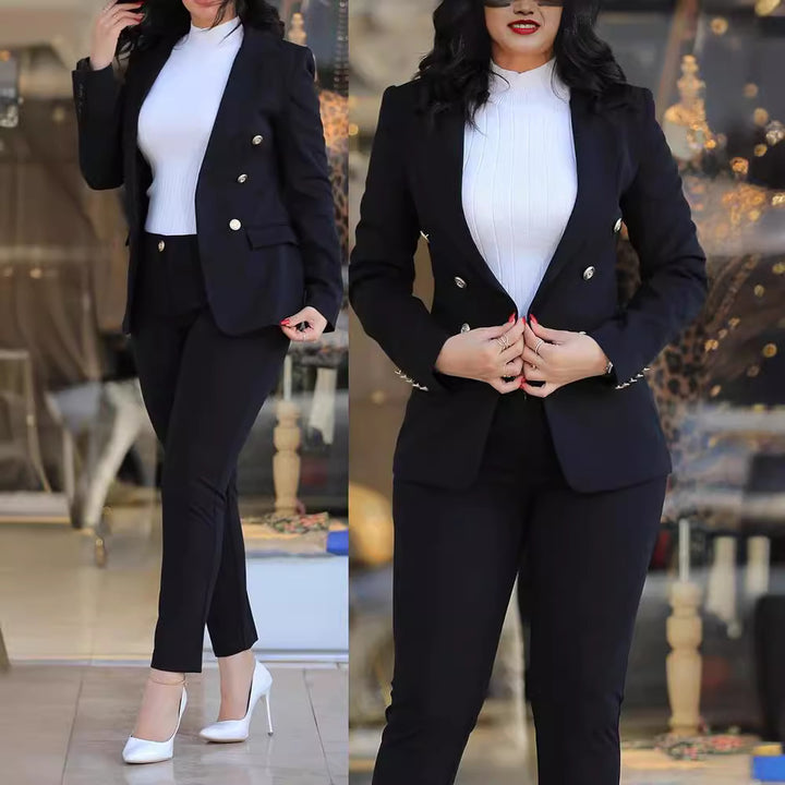 Damen nan tailliertes Business-Hosenanzug-Set mit doppelreihigem Reversblazer und schmal zulaufender Bundhose Echo Archiv