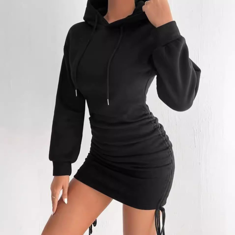 Damen Kapuzenkleid im Sweatshirt‑Stil mit gerafftem Minirock und Kordelzügen Echoarchiv