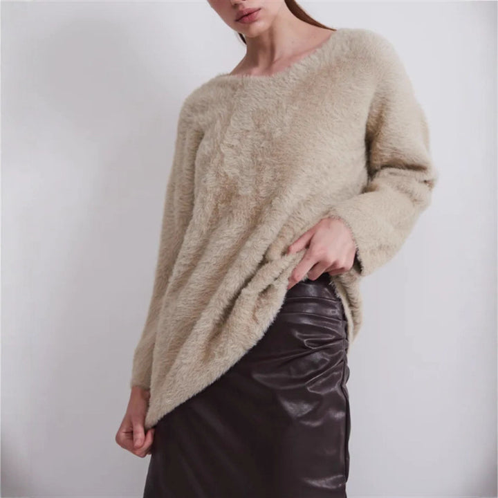 Damen Oversize-Flauschpullover mit V-Ausschnitt und Teddy-Optik – Mavelle