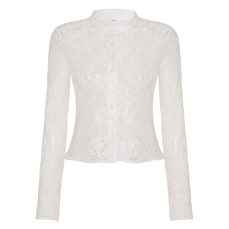 Damen Spitzenbluse mit transparenten Akzenten und eleganter Knopfverschluss Echo Archiv