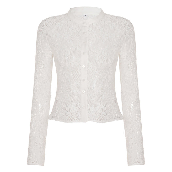 Damen Spitzenbluse mit transparenten Akzenten und eleganter Knopfverschluss Echo Archiv