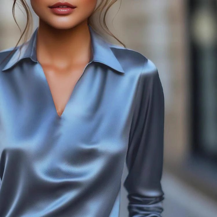 Damen Edles Satin-Oberteil mit V-Ausschnitt und klassischem Kragen – Avérine