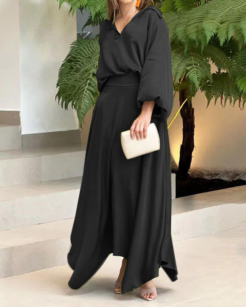 Damen Elegantes Maxikleid mit Kapuzen‑V‑Ausschnitt, Ballonärmeln und fließendem Saum Echoarchiv