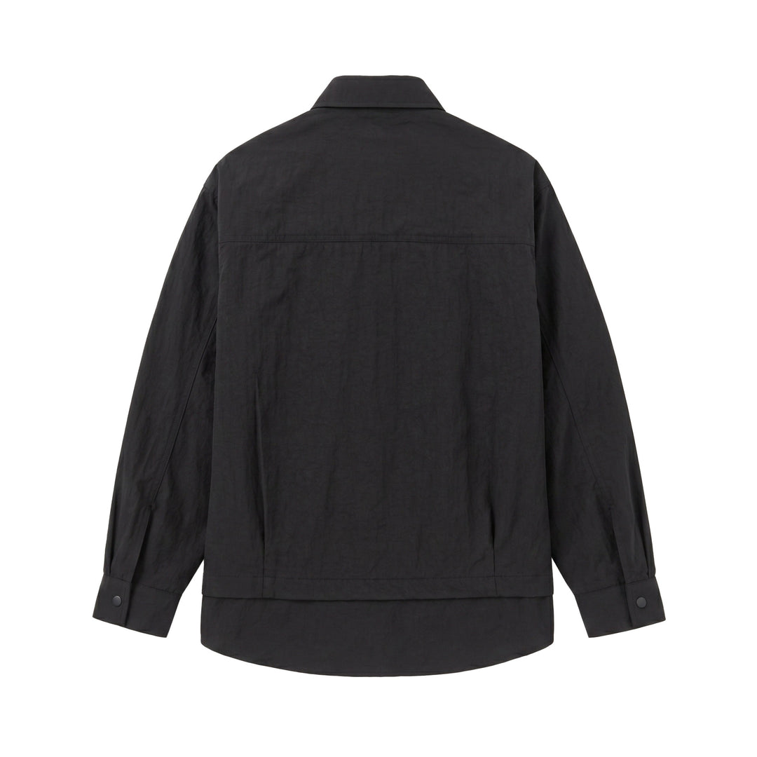Unisex Oversize Hemdjacke mit Druckknöpfen, Kentkragen und Brust‑Welttasche Echoarchiv