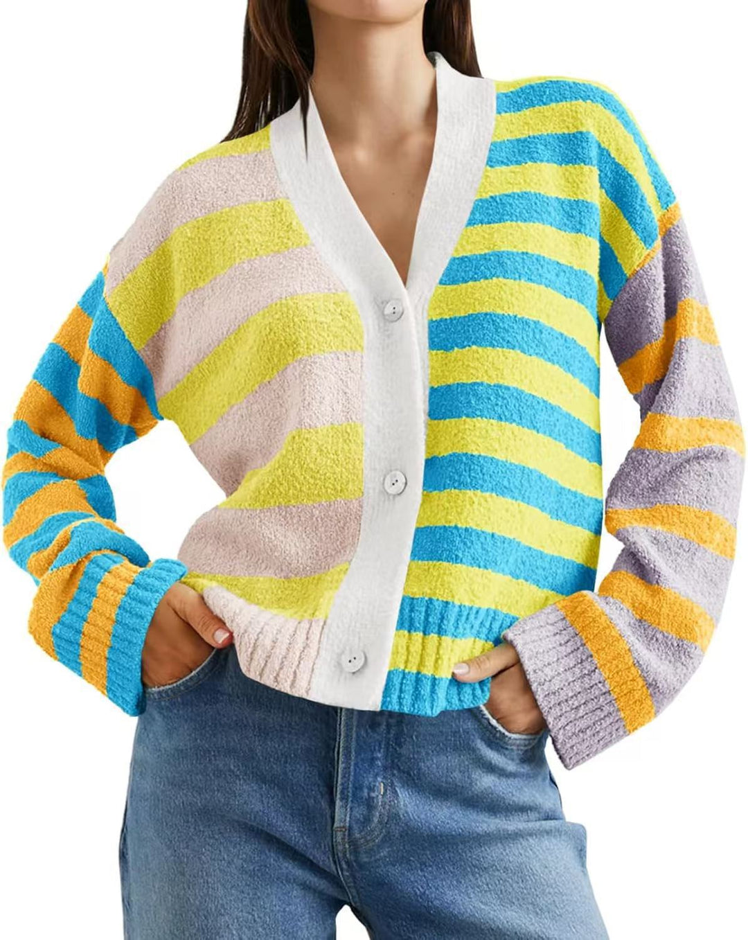 Damen lockerer gestreifter Frottee-Cardigan mit V-Ausschnitt und Knopfleiste – Veloura