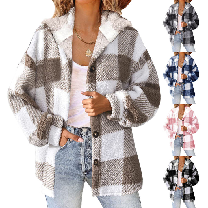 Damen nan kuschelige karierte Teddyjacke mit Kapuze, Knopfverschluss und oversized Schnitt Echo Archiv