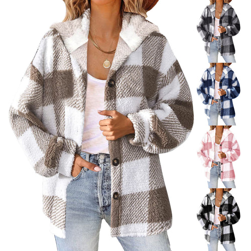 Damen nan kuschelige karierte Teddyjacke mit Kapuze, Knopfverschluss und oversized Schnitt Echo Archiv