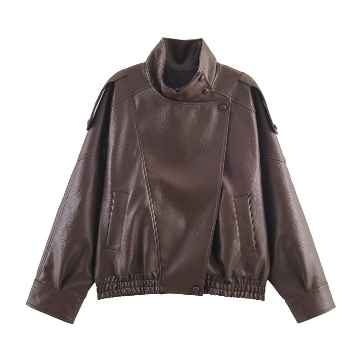 Damen nan oversized Bikerjacke Kunstlederoptik mit hohem Stehkragen, asymmetrischer Druckknopffront, Schulterriegeln und elastischem Saum Echo Archiv