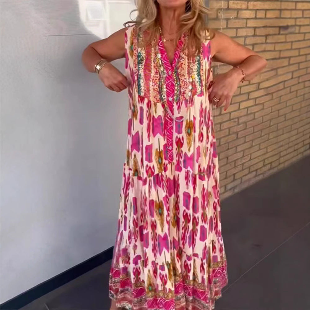 Damen nan fließendes Maxikleid im Boho-Stil mit V-Ausschnitt, Stufenrock und bestickter Passe Echo Archiv