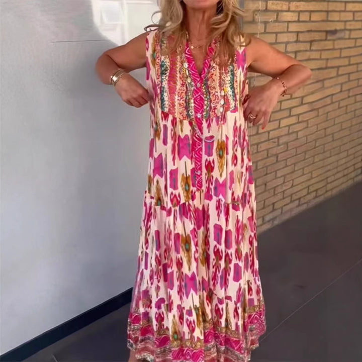Damen nan fließendes Maxikleid im Boho-Stil mit V-Ausschnitt, Stufenrock und bestickter Passe Echo Archiv