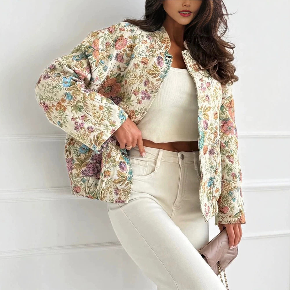 Damen Florale Jacquard-Steppjacke mit Stehkragen und elastischem Saum – Célinea