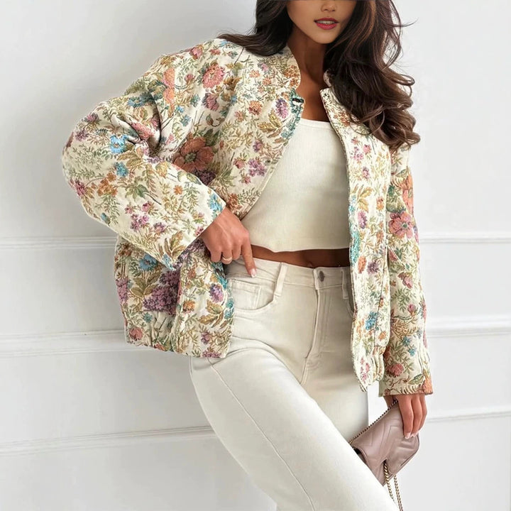 Damen Florale Jacquard-Steppjacke mit Stehkragen und elastischem Saum – Célinea