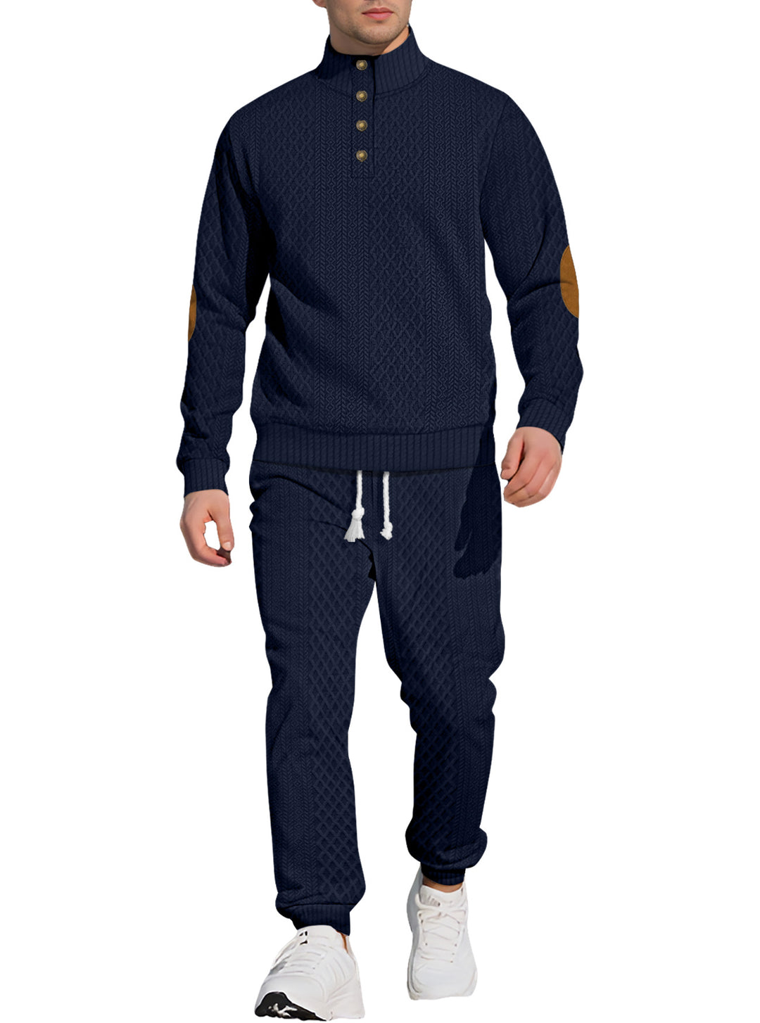 Herren nan strukturiertes Strick-Freizeitset mit Halbknopf-Stehkragen Wildleder-Ellbogenpatches und Kordelbund-Jogger Echo Archiv