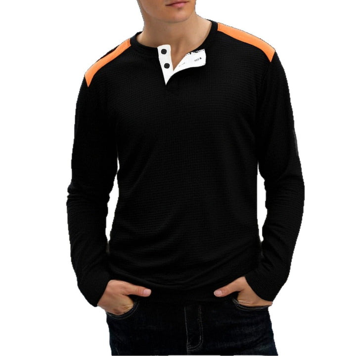 Herren strukturiertes Henley-Langarmshirt mit Stehkragen, Schulterpaspel und Waffelstruktur – Arvello