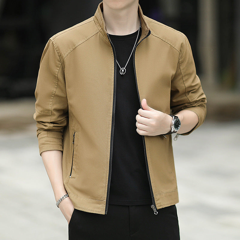 Herren Minimalistische Utility-Übergangsjacke aus Baumwoll-Canvas mit Stehkragen und Reißverschlusstaschen Echoarchiv