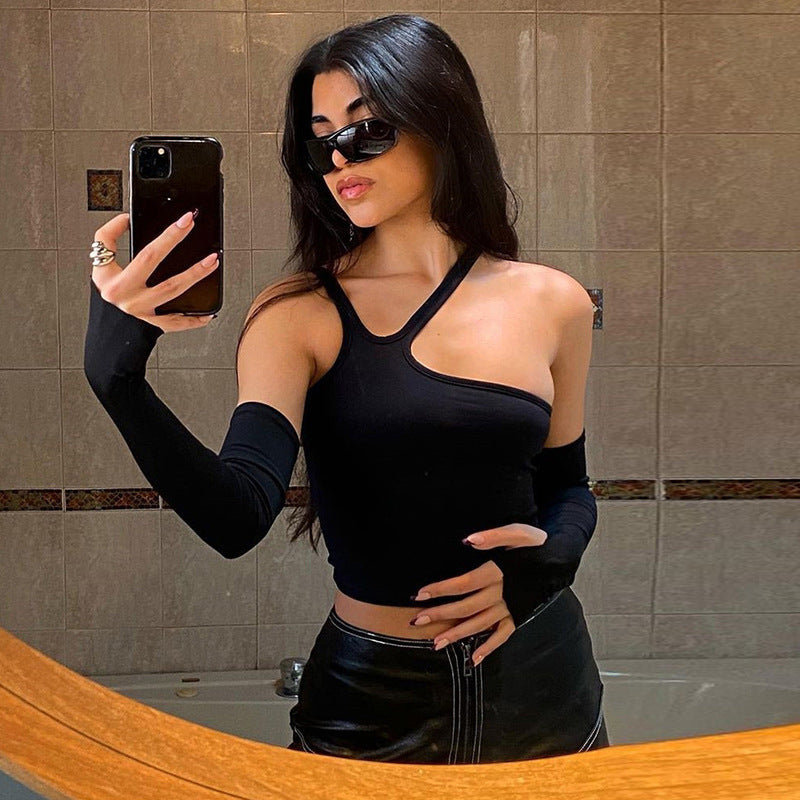 Damen Asymmetrisches Crop-Top mit langen Ärmeln Echo Archiv
