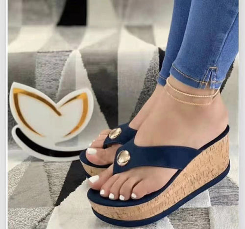 Damen nan Zehentrenner-Plateau-Sandalette mit Korkkeilabsatz und dekorativem Zierknopf Echo Archiv