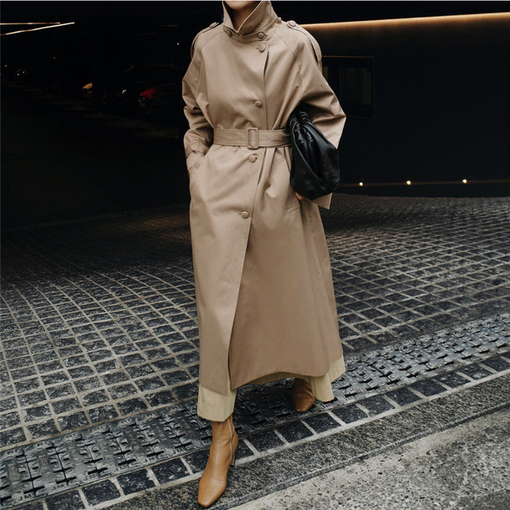 Damen Langgeschnittener Trenchcoat mit Taillengürtel und Stehkragen Echoarchiv