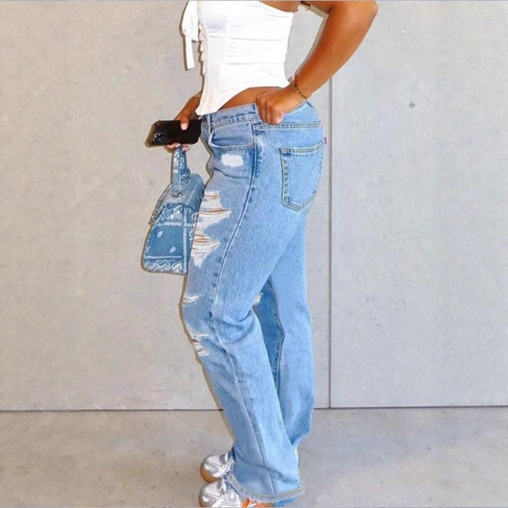 Damen Hochtaillierte Relaxed-Fit Straight-Jeans mit ausgeprägten Destroyed-Details Echo Archiv