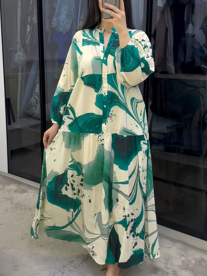Damen Fließendes Stufenkleid mit Stehkragen, Ballonärmeln und Knopfleiste – Valéora