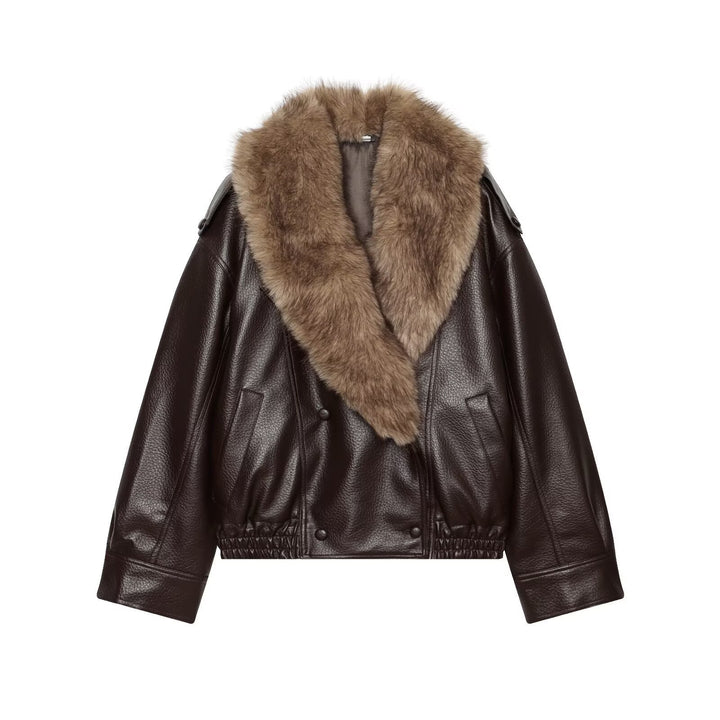 Damen Kurz geschnittene Biker-Lederjacke mit voluminösem Kunstpelz-Schalkragen Echo Archiv