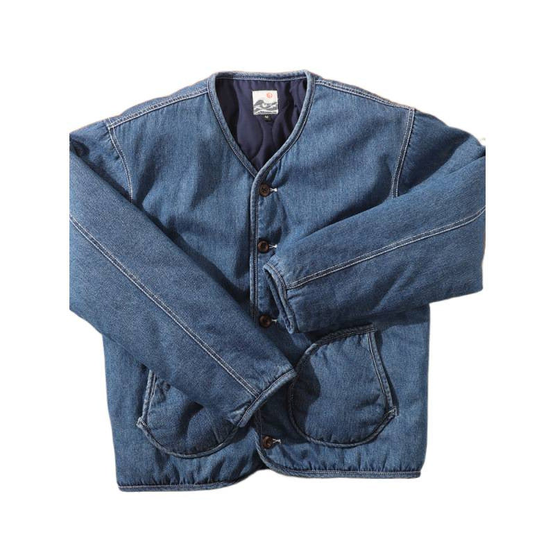 Herren Gefütterte Denim-Utility-Jacke ohne Kragen mit Knopfverschluss und runden Pattentaschen Echoarchiv