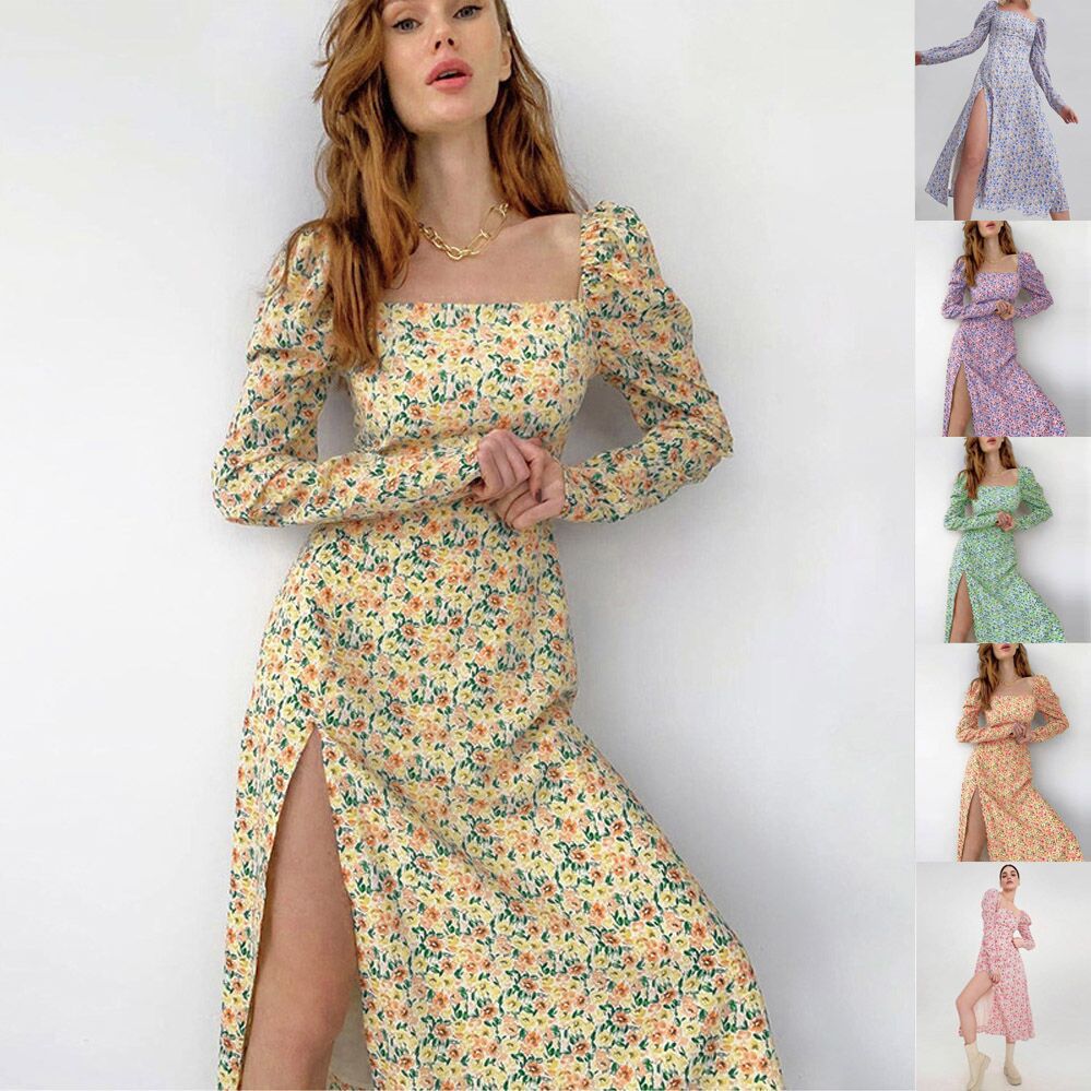 Damen Midikleid mit quadratischem Ausschnitt, tailliertem Bustier-Oberteil, Puffschulter und hohem Beinschlitz – Élara