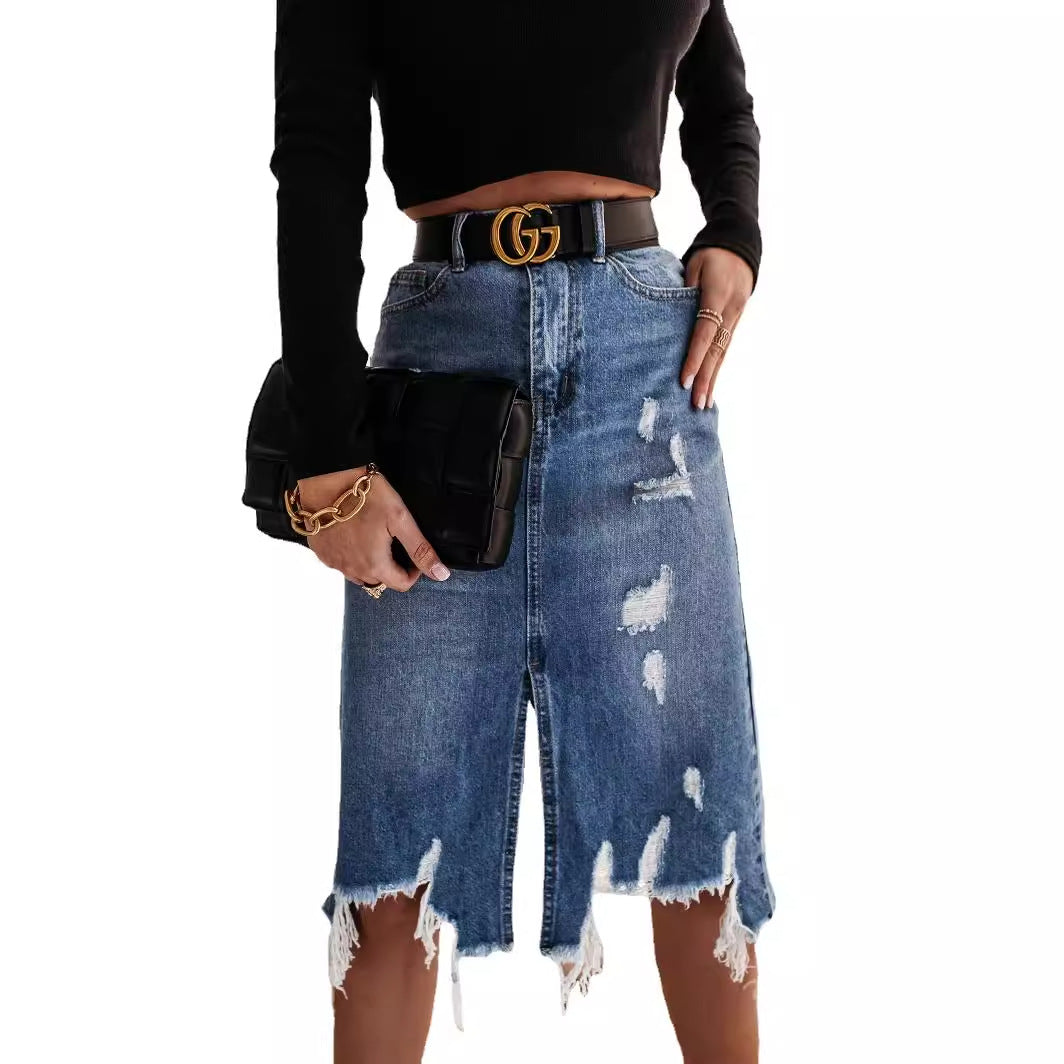 Damen nan taillierter Destroyed-Denim-Midirock mit Fransenbesatz, Frontschlitz und Gürtelschlaufen Echo Archiv