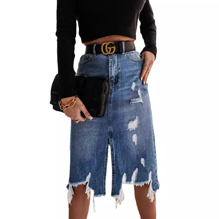 Damen nan taillierter Destroyed-Denim-Midirock mit Fransenbesatz, Frontschlitz und Gürtelschlaufen Echo Archiv
