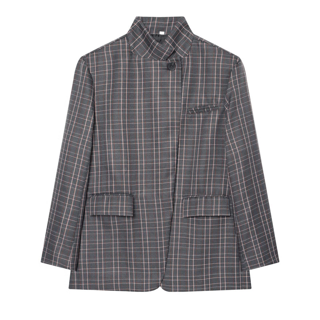 Damen Karierter Longblazer mit Stehkragen, verdeckter Knopfleiste und Pattentaschen Echoarchiv