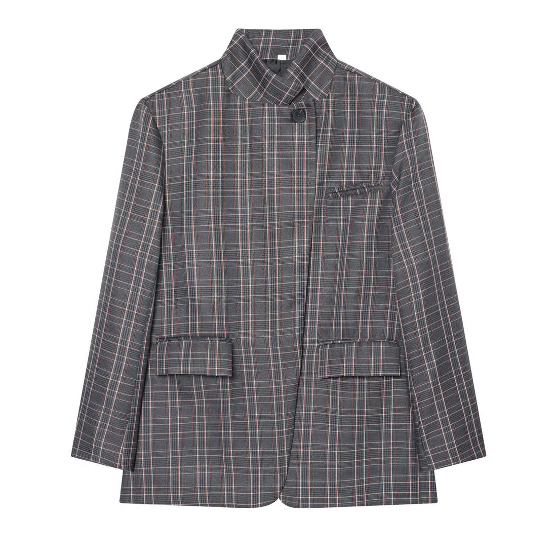 Damen Karierter Longblazer mit Stehkragen, verdeckter Knopfleiste und Pattentaschen Echoarchiv